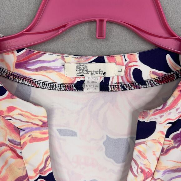 Aryeh Dress Womens Large Pink Navy Floral Bell Sleeve Boho Tunic Hawaiian Vacay - Picture 4 of 11